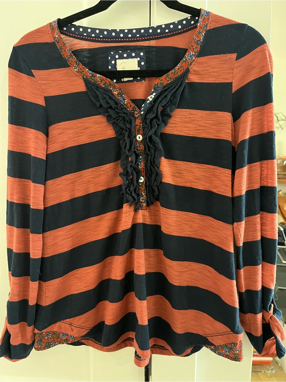 Anthropologie Postmark striped Navy Rust Ruffled Henley Tunic roll sleeves S